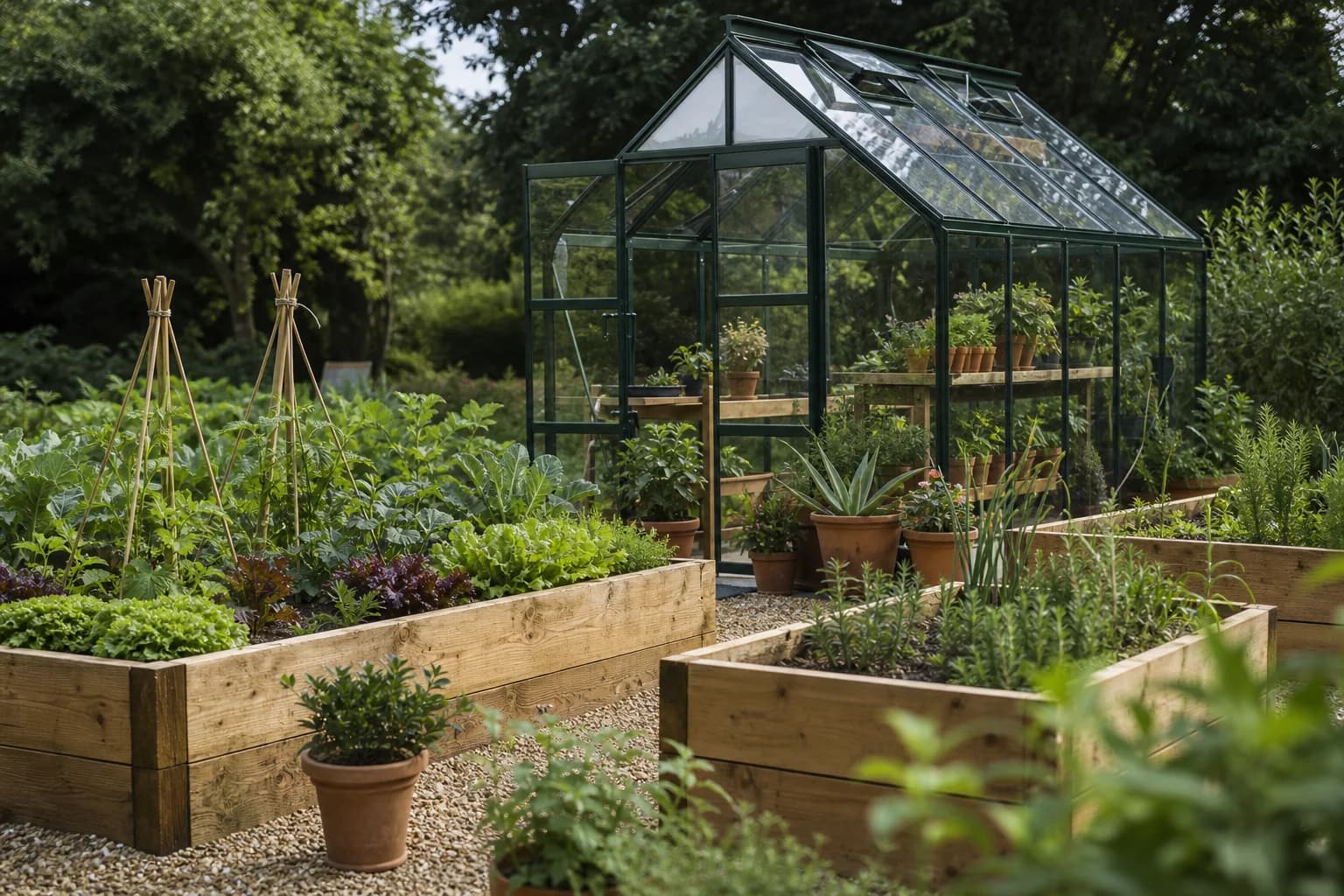 A glass greenhouse and raised timber growing beds